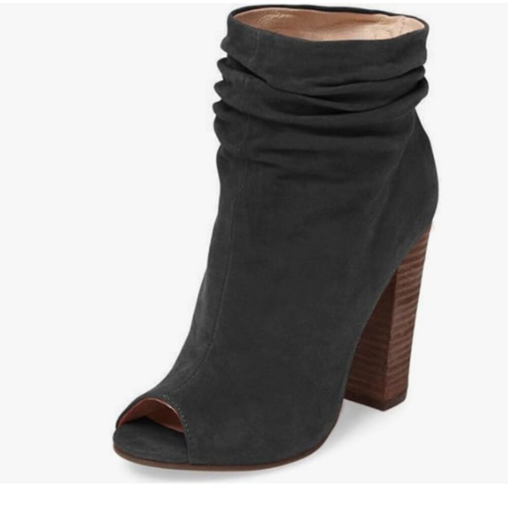 FSJ Black-suede Peep Toe Slouch Ankle Boots Chunky Stacked Heel Party Dress Shoe